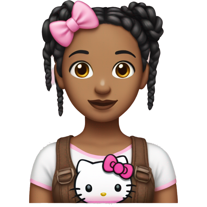 Brown woman with black braids, hazel eyes, has a pink bow on hair and wearing a hello kitty top