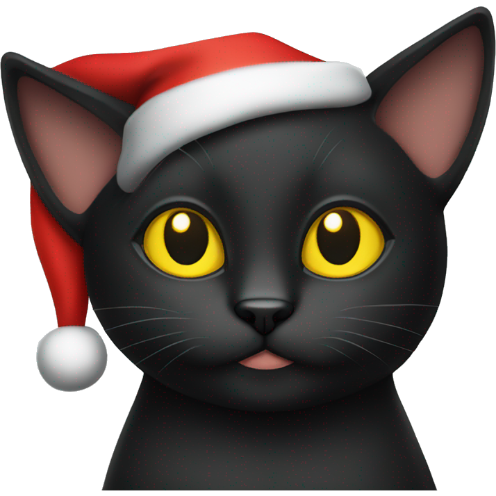 Black cat with yellow eyes wearing Santa hat
