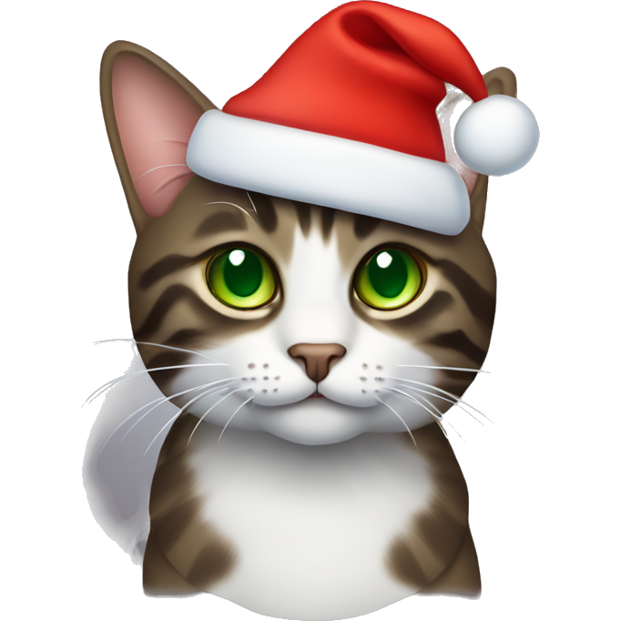 Dark brown tabby cat with green eyes wearing red Christmas hat