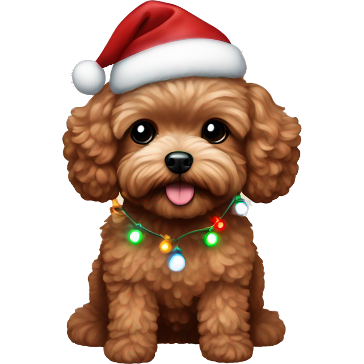 Dark Red maltipoo with Christmas lights decorated around its neck