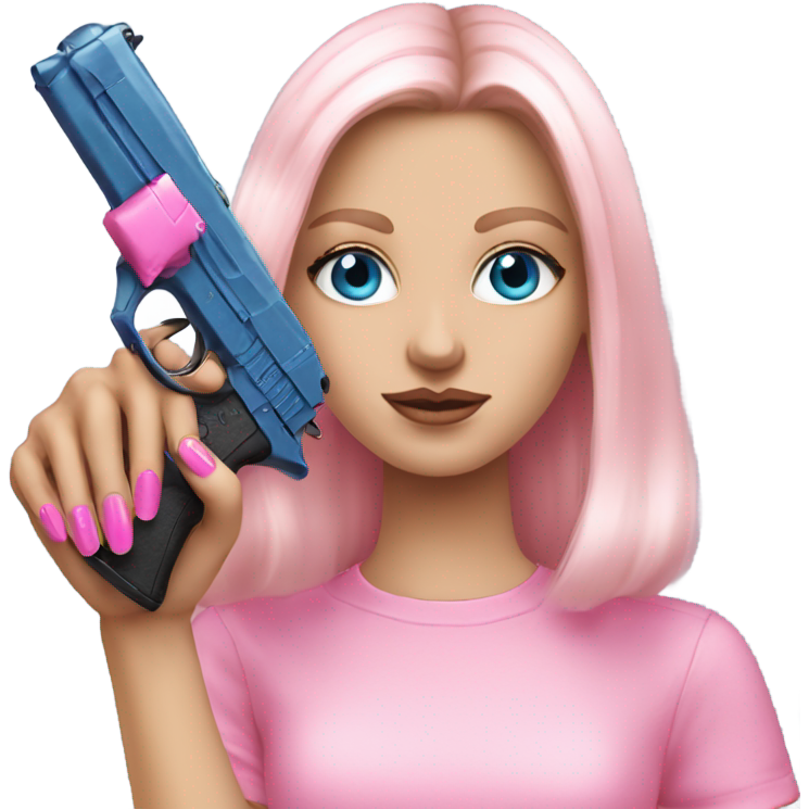 White Girl hand pink nails holding pink gun with blue eyes