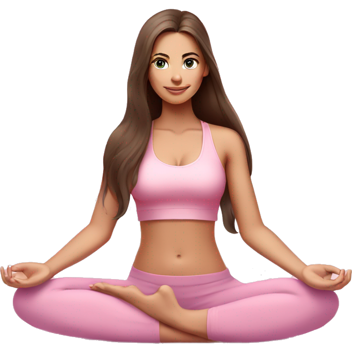 Brunette long hair and blue eyes yoga beautiful girl in light pink pink pink clothes sitting on a yoga mat