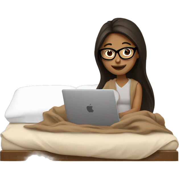 Brunette girl with black glasses working from her bed with her laptop covered in a light Brown blanket
