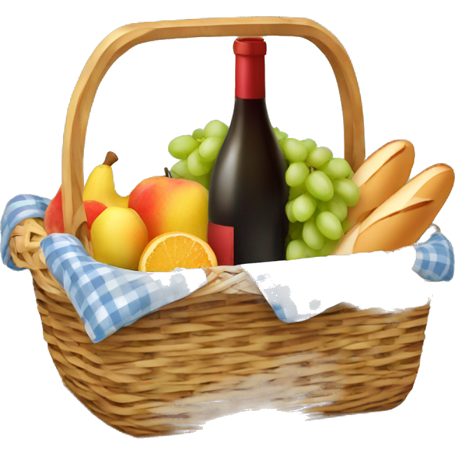 Picnic basket with fruit, baguette, wine inside
