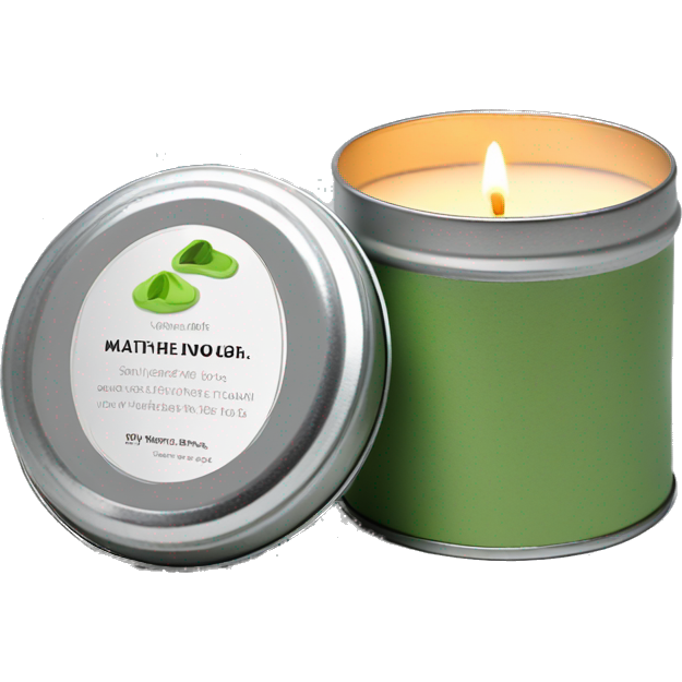 Realistic, lit matcha scented candle, silver tin, small white label, text