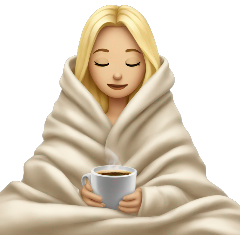 Blonde girl inside a blanket sipping coffee eyes closed