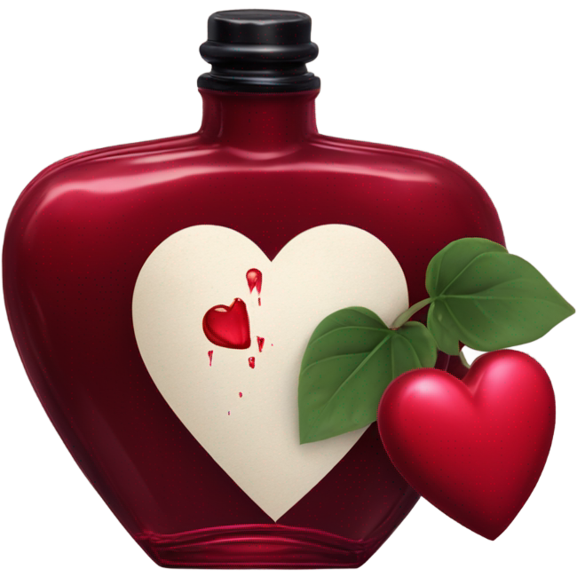 Dark red aesthetic perfume bottle with red bleeding hearts and an ink bottle