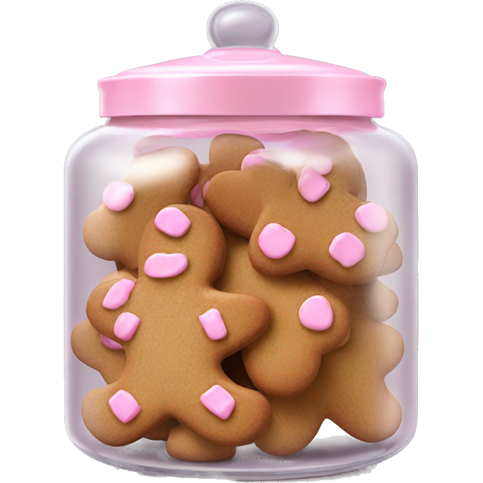 Realistic glass cookie jar with light pink lid full of gingerbread cookies isolated.