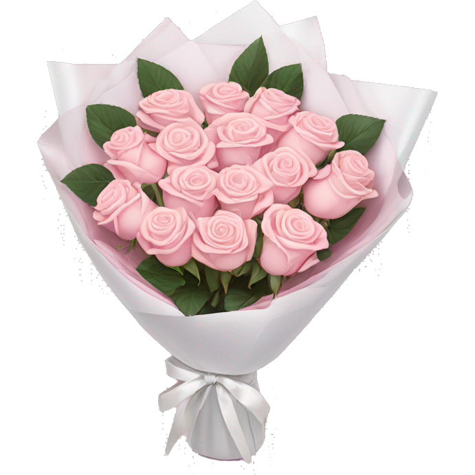 Light pink bouquet of roses wrapped in white wrapping paper with pink bow