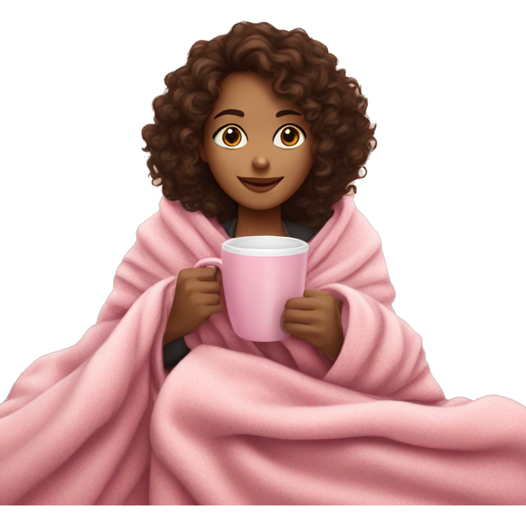 Brunette girl with curly hair in a cozy pink blanket while drinking coffee