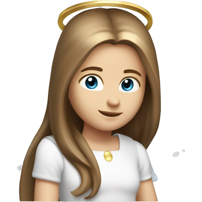 Caucasian brunette angel with long straight hair, dimples, big blue eyes, golden hoop halo over head and wings on back