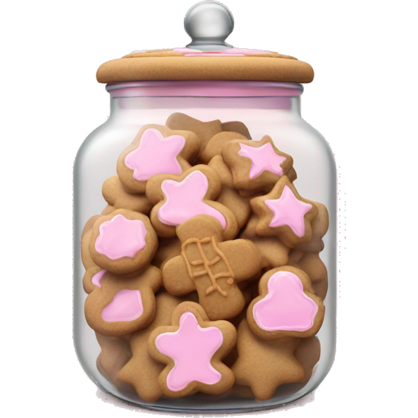 Realistic glass cookie jar with light pink lid full of gingerbread cookies isolated.