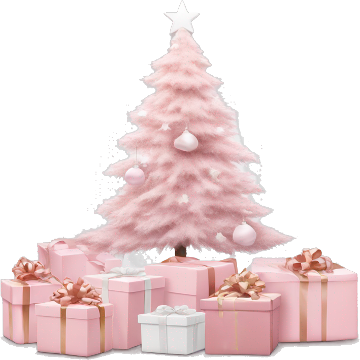 Light pink Christmas gifts under a white Christmas tree