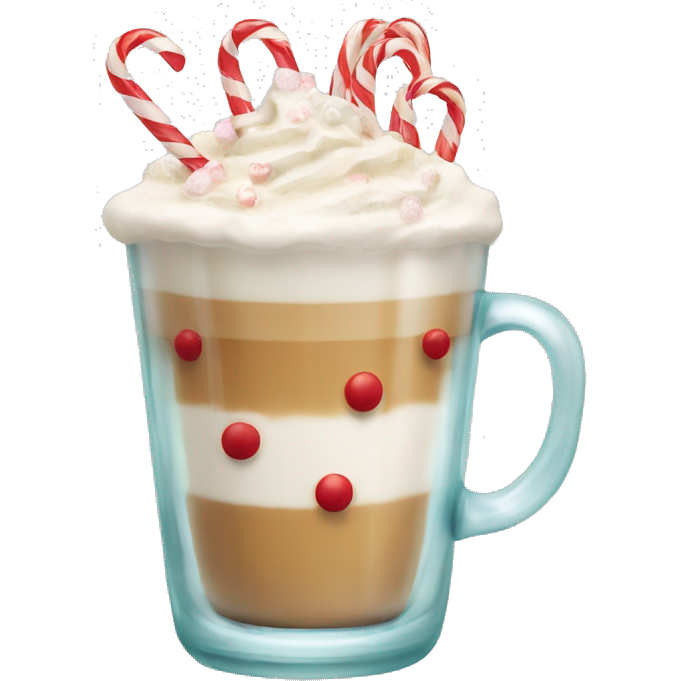 A glass with latte inside with small candy canes ornaments on the glass