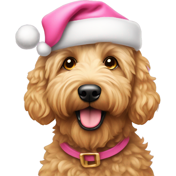 Golden doodle wearing pink Santa hat