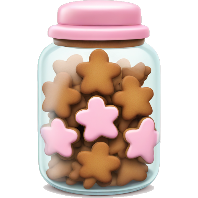 Realistic glass cookie jar with light pink lid full of gingerbread cookies isolated.