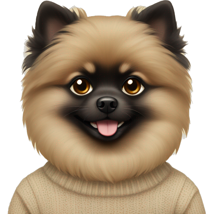 A black pomeranian in a beige sweater