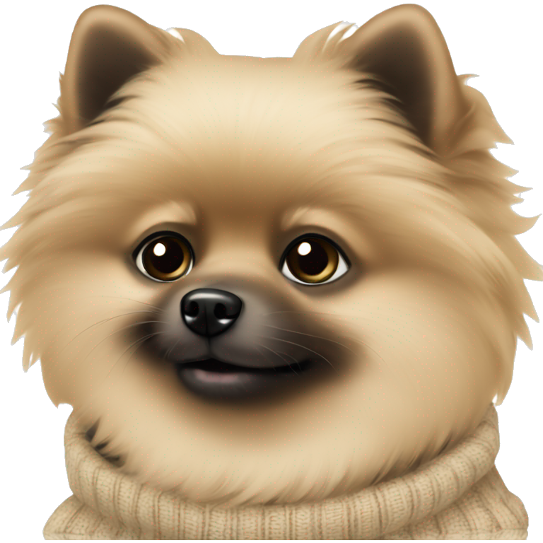 A black pomeranian in a beige sweater
