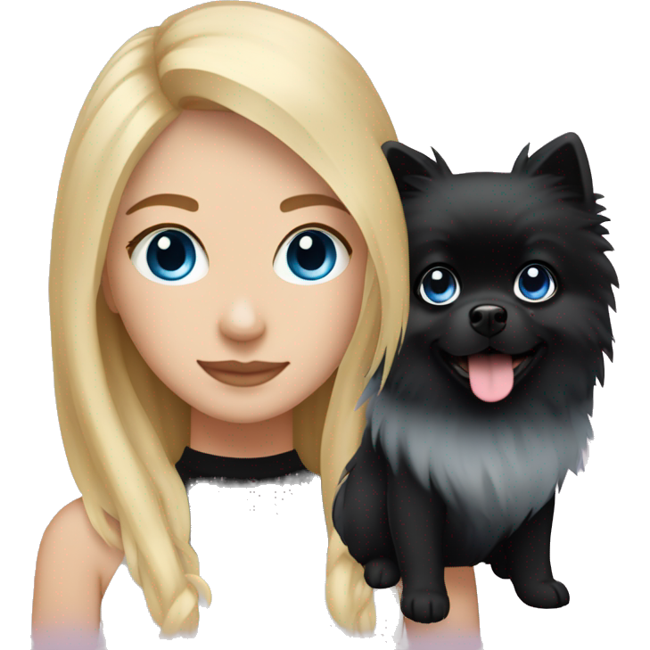 A blonde girl with blond strands around her face and blue eyes with a black pomeranian