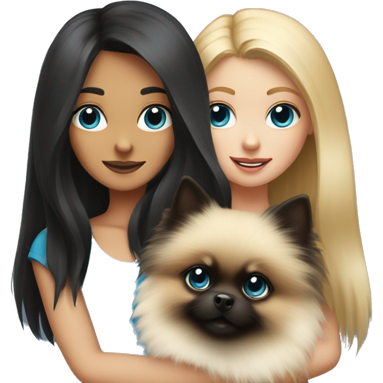 A blonde girl with blue eyes holds a black pomeranian in her hands