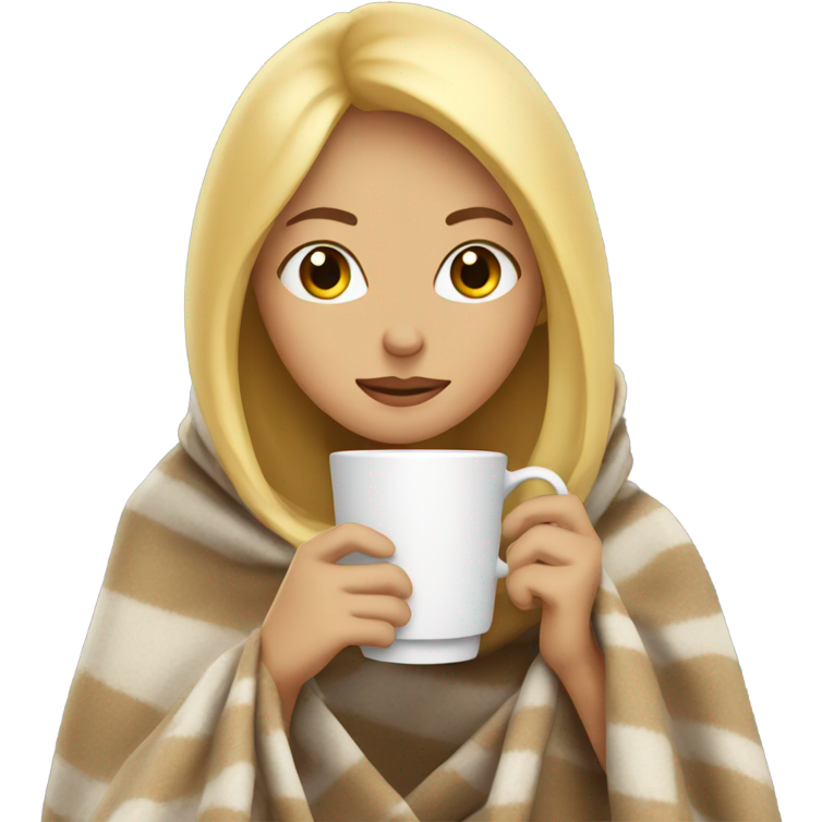 Blonde girl inside a blanket sipping coffee eyes closed