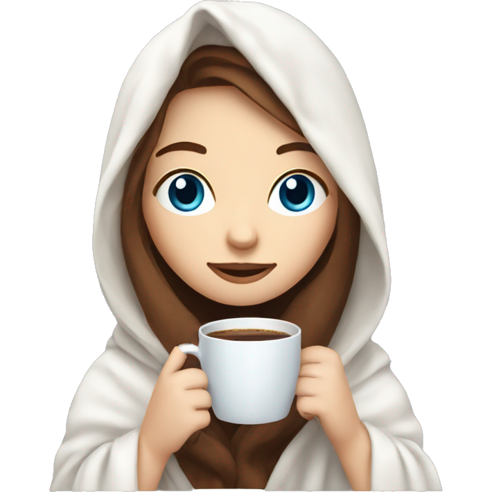 Girl with pale skin with bleu eyes and brown long hair inside a white blanket sipping coffee