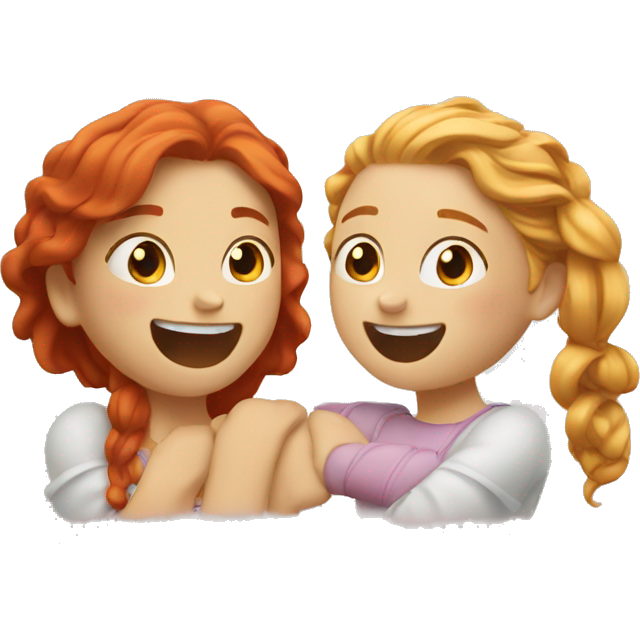 Two girls, one is redhead, the other is blonde, they hug and laugh