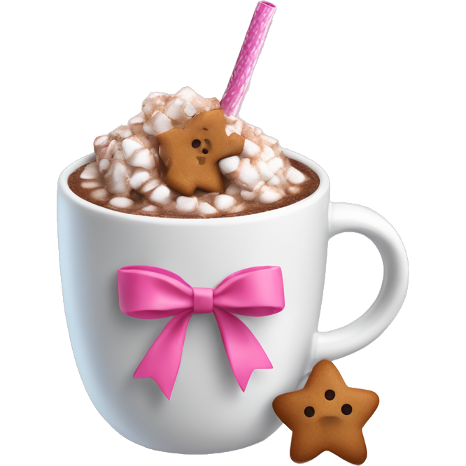 Hot coco in a mug with small gingerbreads and a pink straw with a white bow tied around the straw