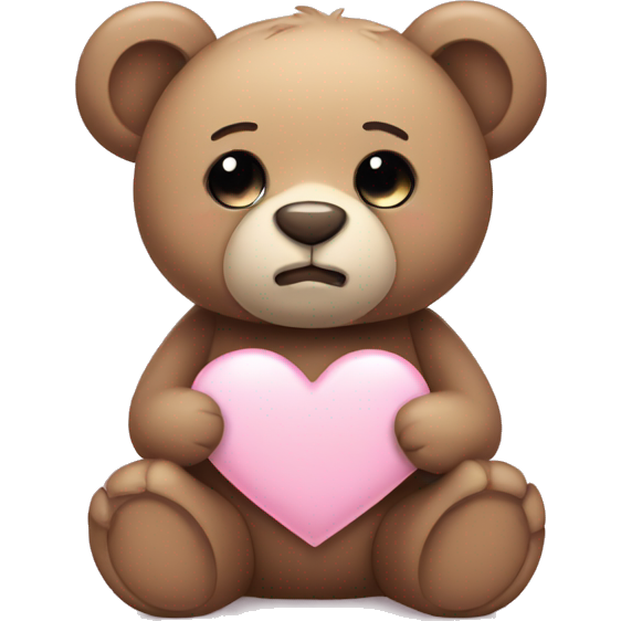 Teddy bear with sad eyes holding a pastel pink heart