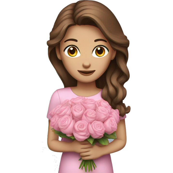 Woman brown hair blue eyes with pink bouquet