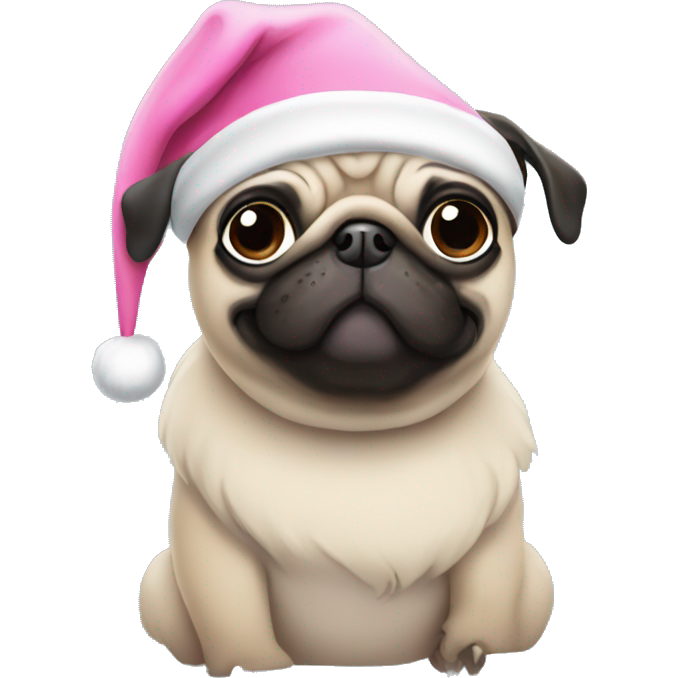 Pug wearing pink santa hat