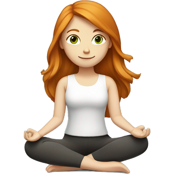 Ginger girl, straight hair, middle length, green / brown eyes, doing yoga, with a book