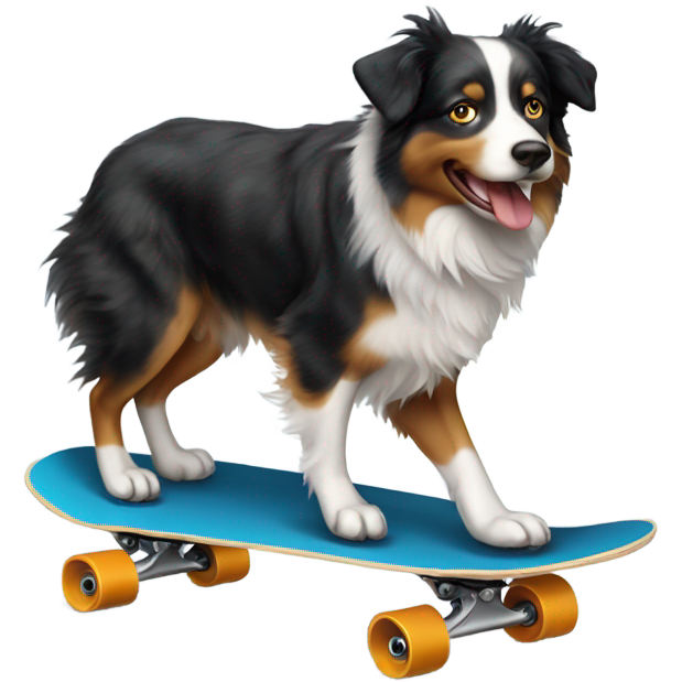 Australian Shepherd riding a skateboard
