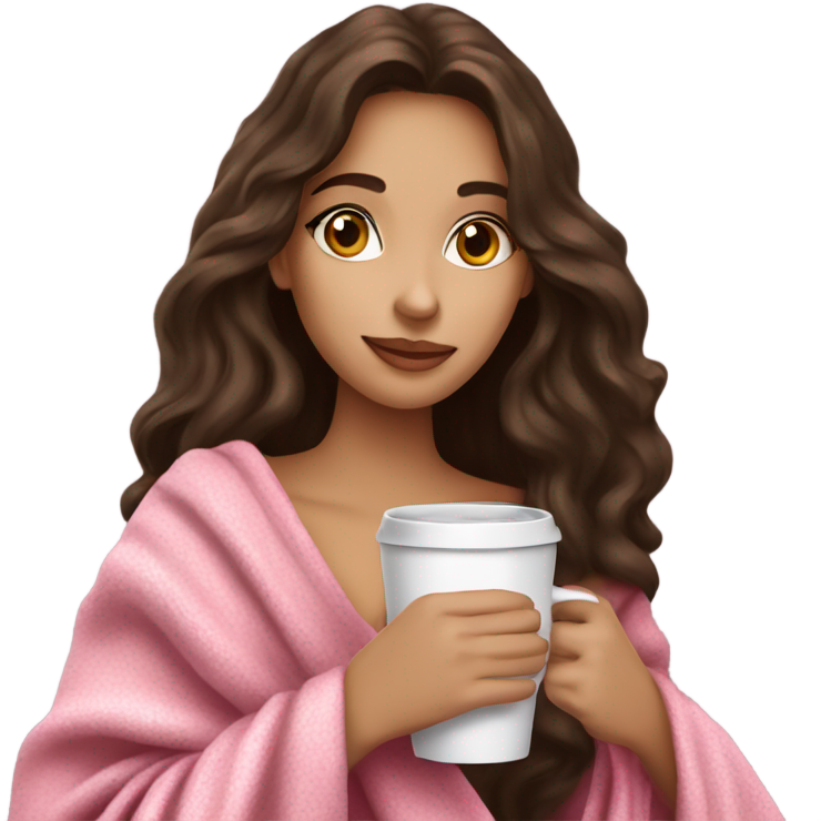 A pretty brunette girl with very long wavy hair in a pink blanket sipping coffee