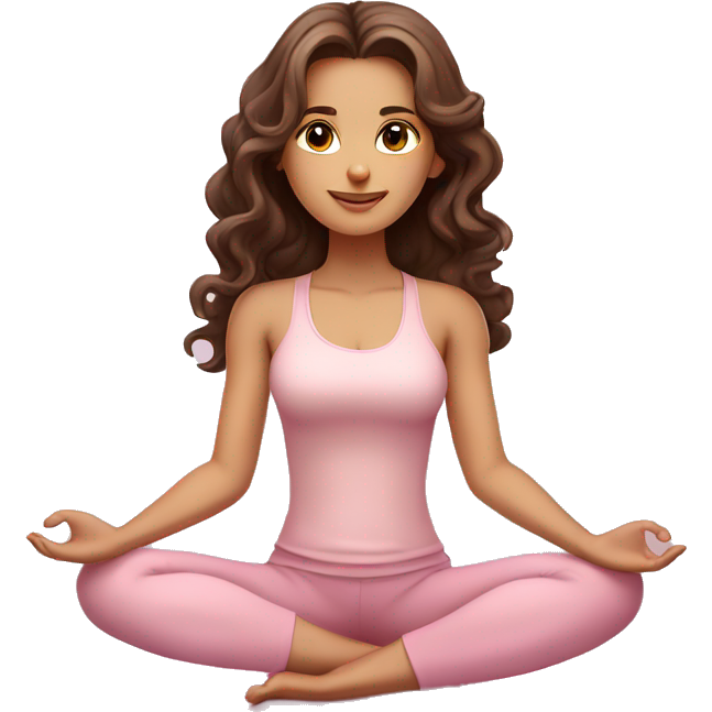 Brunette long curled hair and brown eyes yoga beautiful girl in light pink clothes sitting on a yoga mat