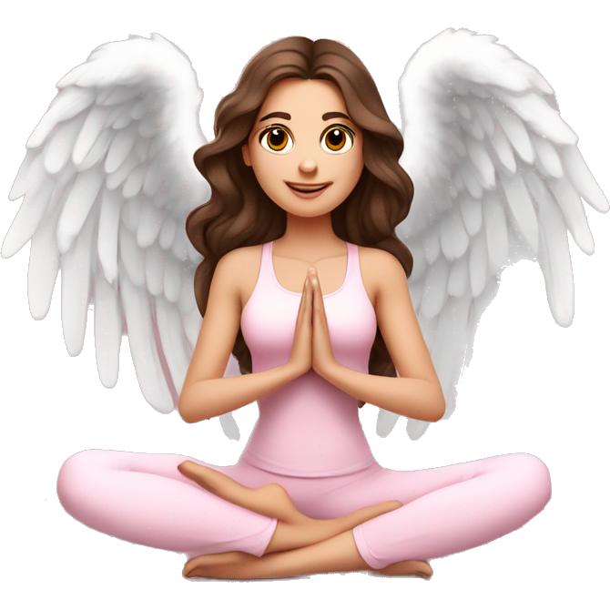 Brunette long curled hair and brown eyes yoga beautiful girl in light pink clothes sitting on a yoga mat with angel wings