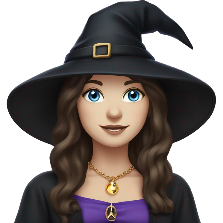 Witchy brunette haired blue eyed white girl with a witty smile a gold necklace and a black witch hat with a purple bow