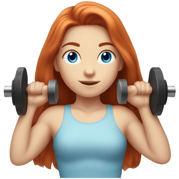 A long haired red haired girl with fair skin and blue eyes is pressing the barbell