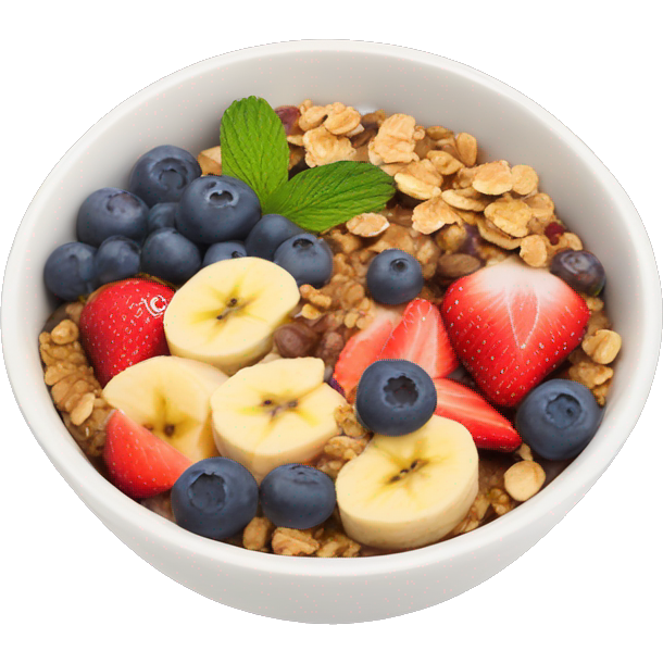 Acai bowl with granola, strawberries, blueberries, bananas