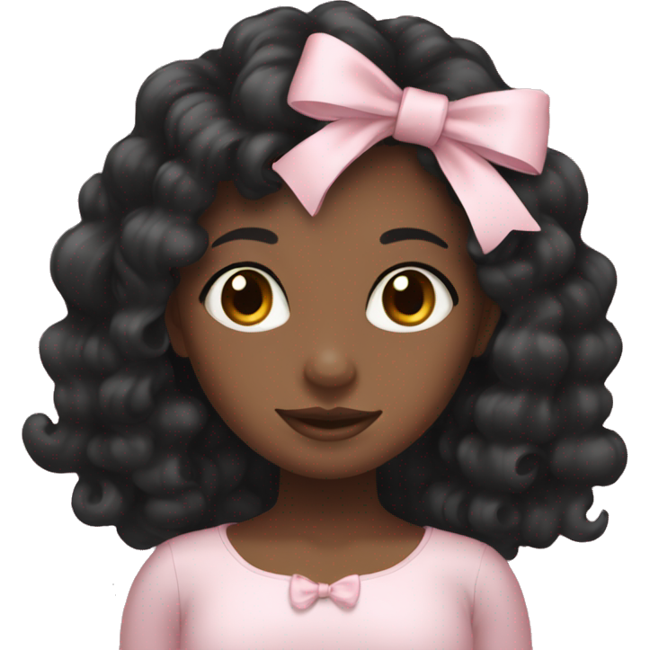 Black girl with long curly black hair wearing a pale pink bow