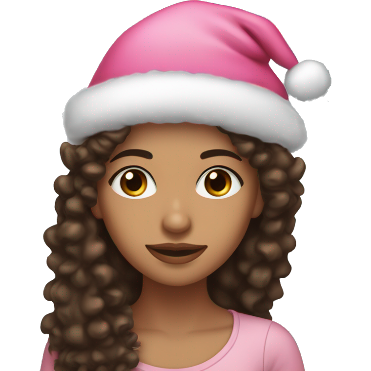 Light brown skinned pretty woman with long black curly hair and almond brown eyes with pink christmas hat