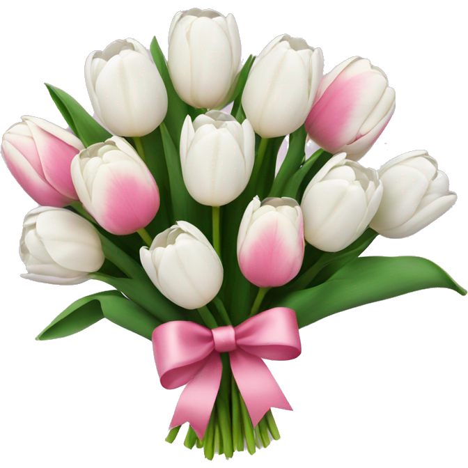 Bouquet of white tulips and some pink tulips with a bow around it