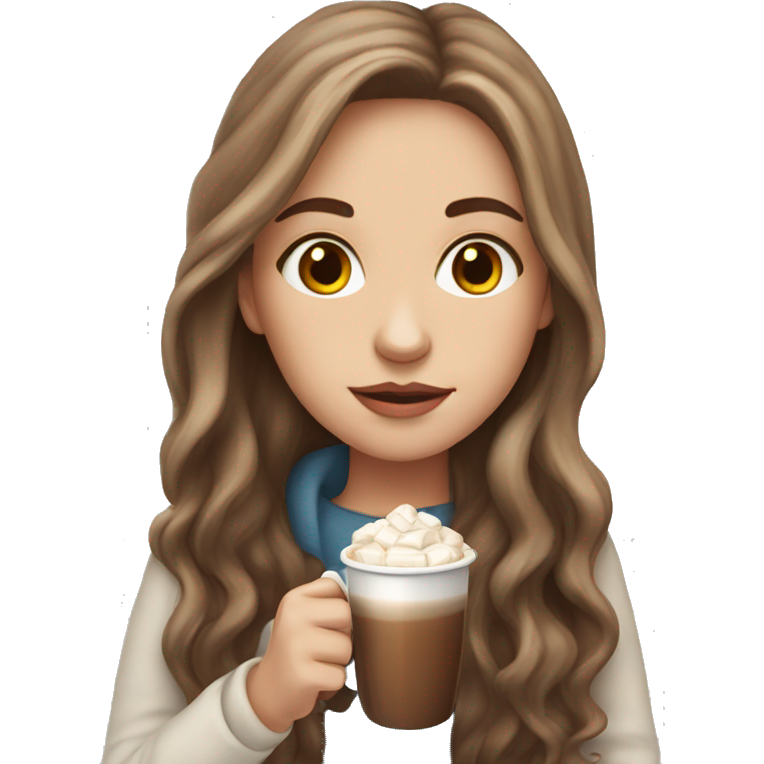 White girl with brown long hair and a hot chocolate