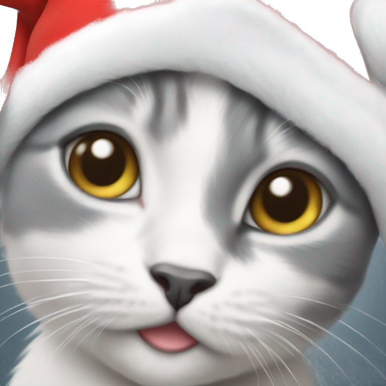 A white and grey kitten wearing a Christmas hat
