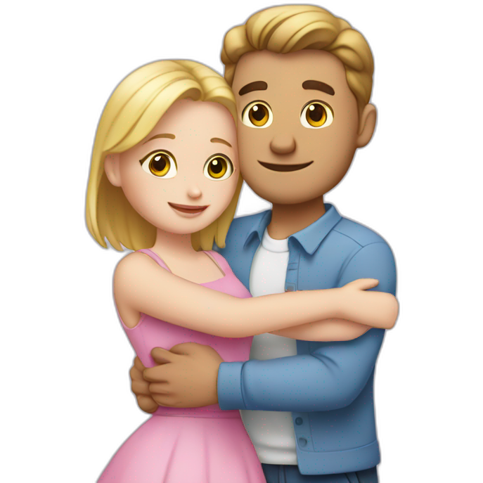 A guy in a blue shirt hugs a white girl in a pink dress