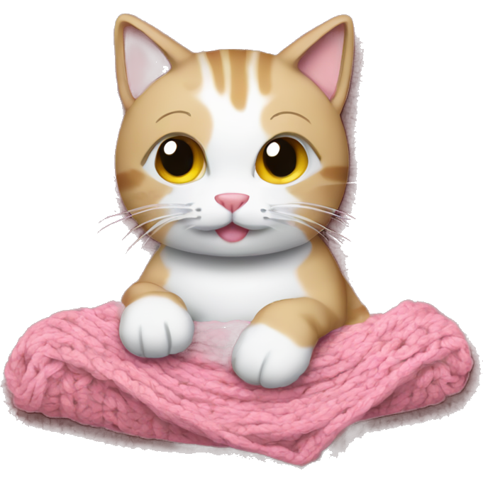 A tan and white cat crocheting a pink blanket