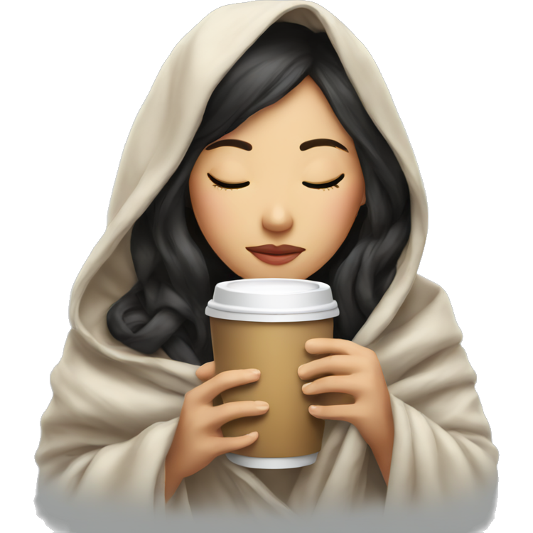Asian girl inside a blanket sipping coffee eyes closed