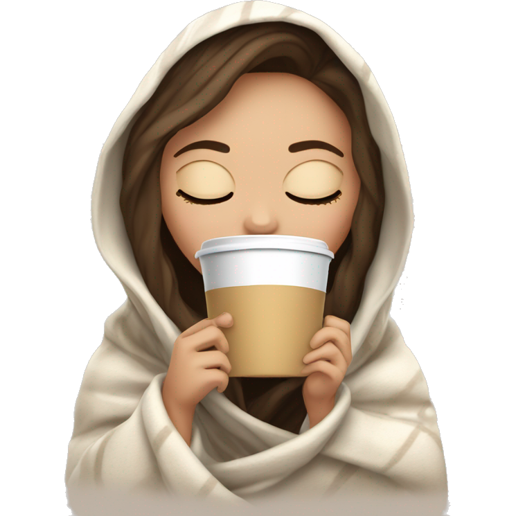 White girl inside a blanket sipping coffee eyes closed