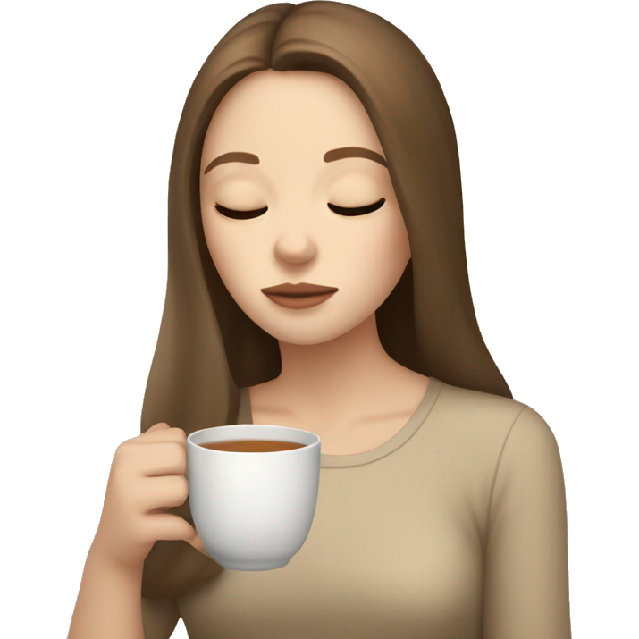 Pale Girl with brown hair sipping tea, beige colors, eyes closed