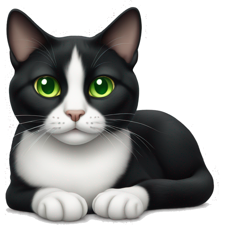 Tuxedo Cat with green eyes laying down